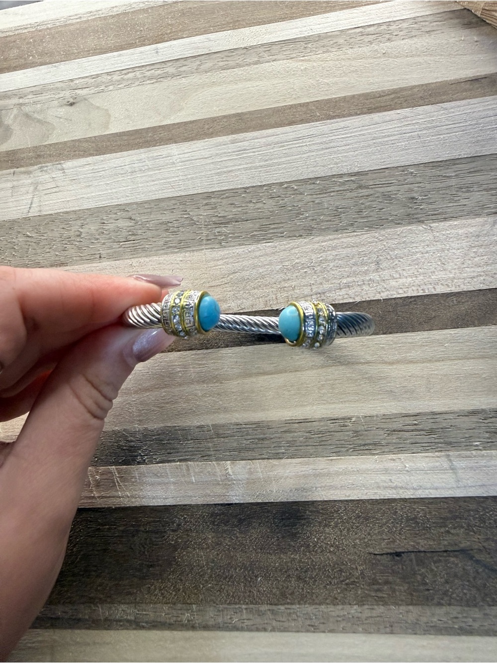 Silver-Tone Cable Cuff Bracelet with Turquoise Cabochons